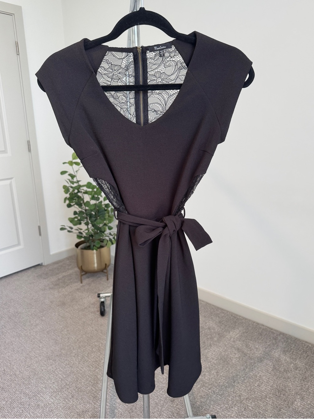 Momteau Black Dress with Lace Back and Waist Tie Small or XS